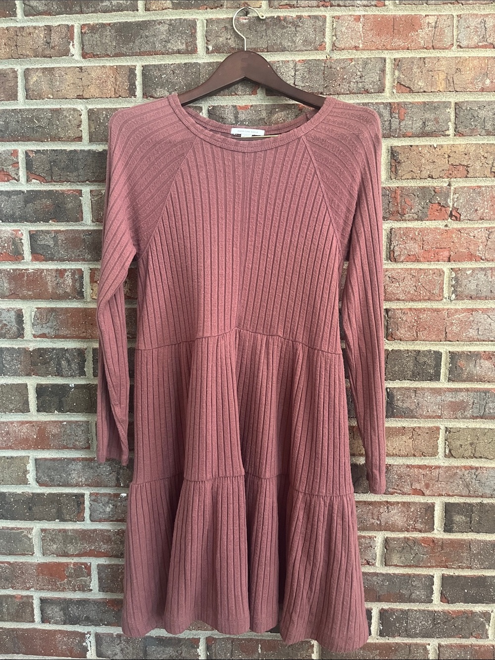 American Eagle Outfitters Dusty Rose Long-Sleeve Ribbed Tiered Dress